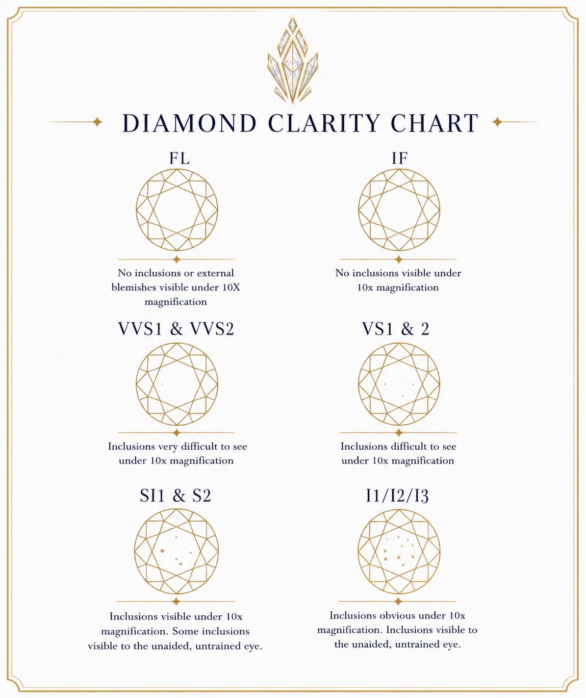 Diamond clarity chart showing FL, IF, VVS1 and VVS2, VS1 and VS2, SI1 and SI2, and I1 to I3 grades